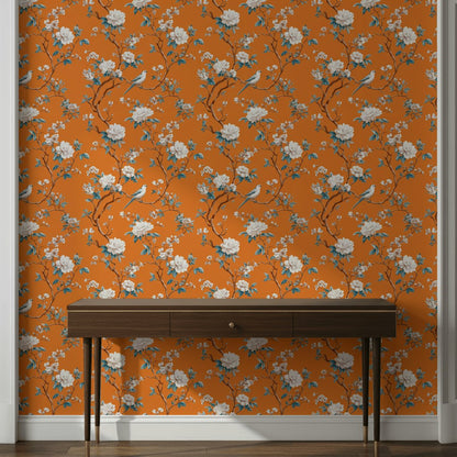 Vibrant Orange Cherry Blossom and Bird Wallpaper