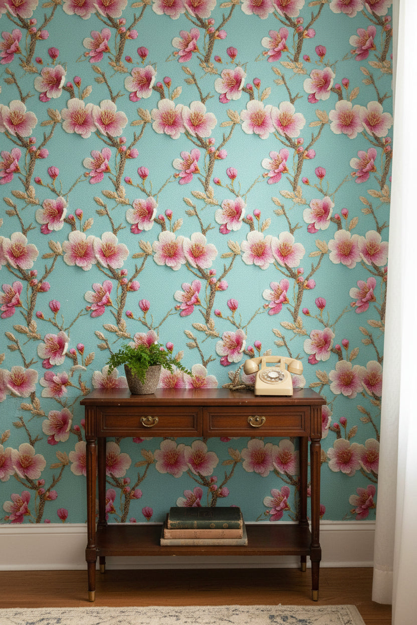 Sky Blue Cherry Blossom Floral Wallpaper