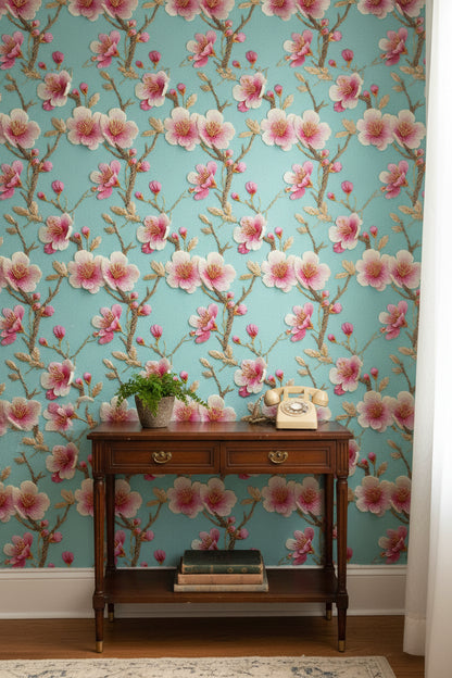 Sky Blue Cherry Blossom Floral Wallpaper