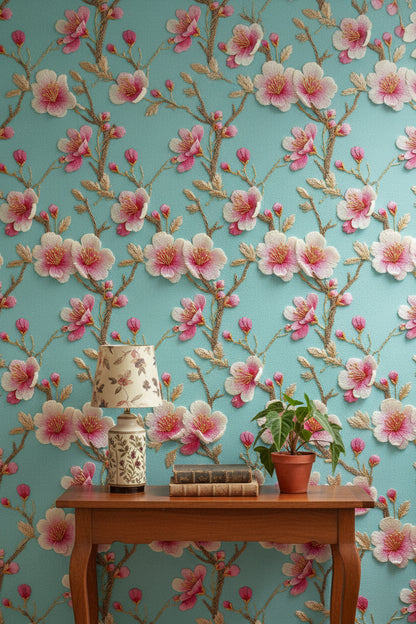 Sky Blue Cherry Blossom Floral Wallpaper
