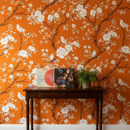 Vibrant Orange Floral Bird Pattern Wallpaper