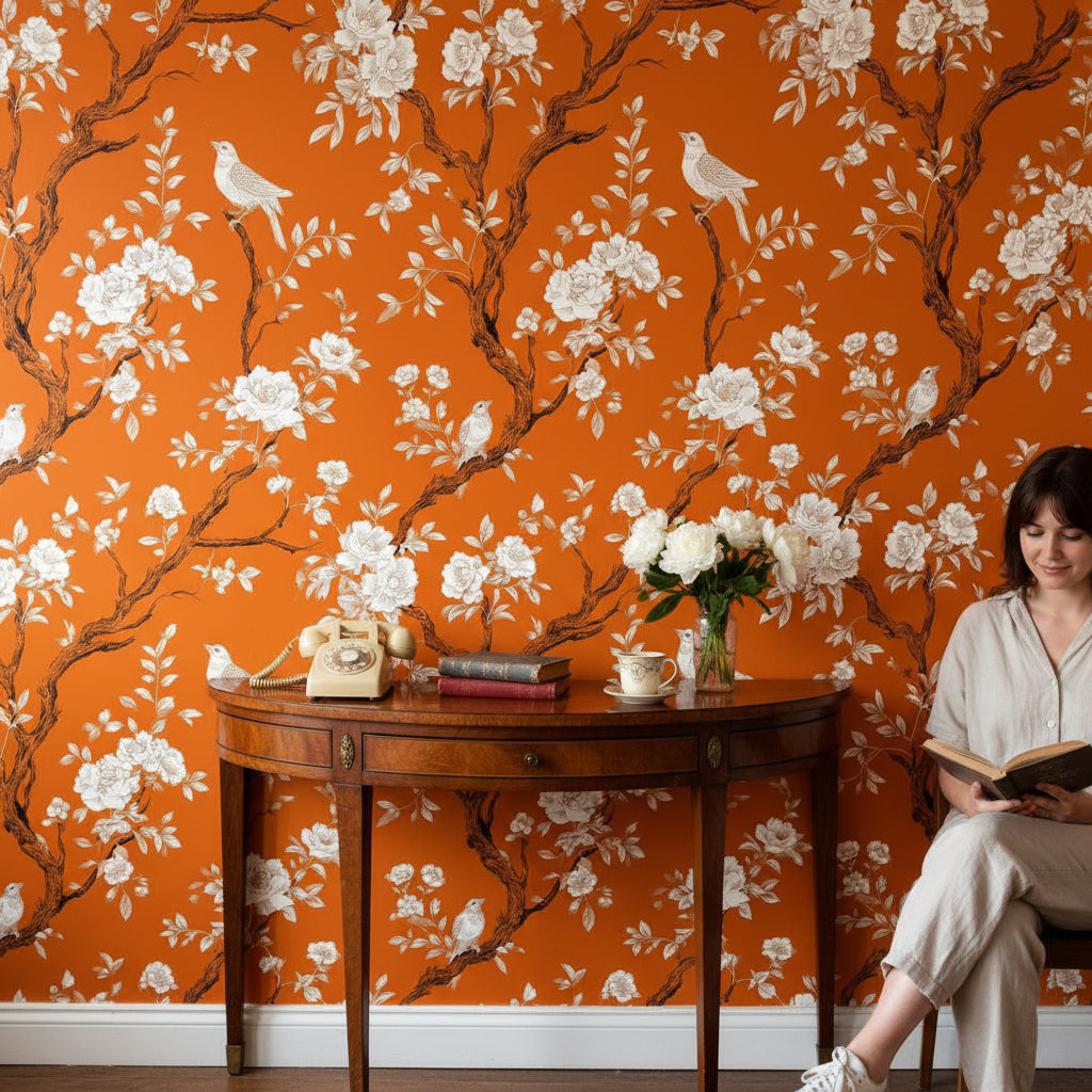 Vibrant Orange Floral Bird Pattern Wallpaper