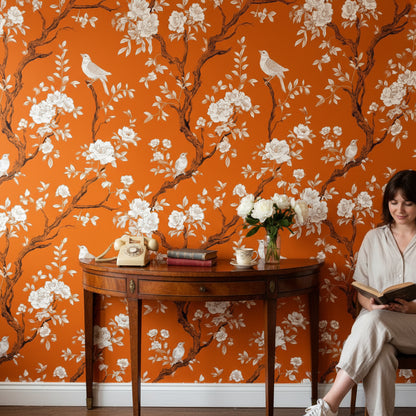 Vibrant Orange Floral Bird Pattern Wallpaper