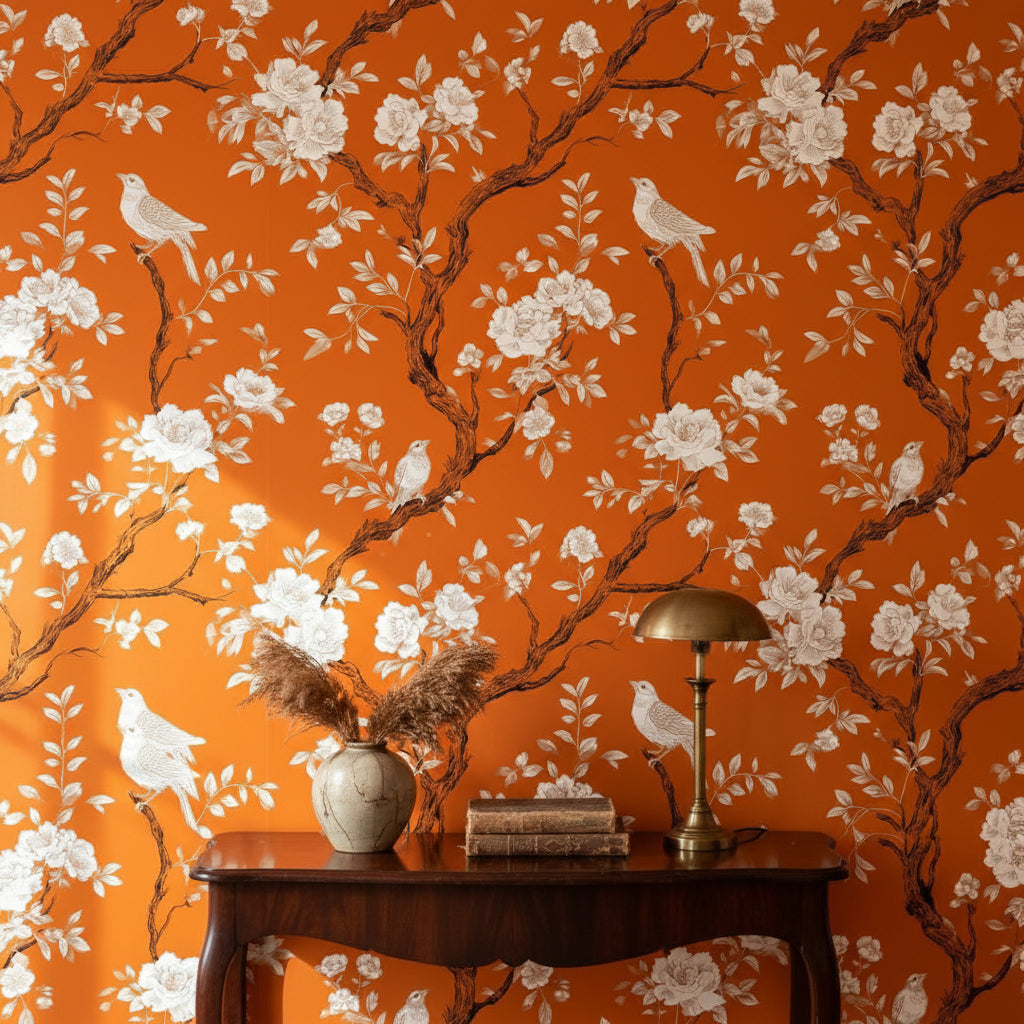 Vibrant Orange Floral Bird Pattern Wallpaper