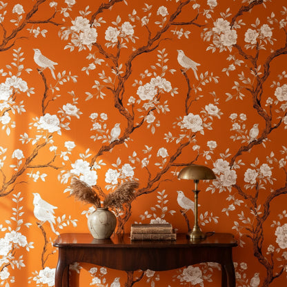 Vibrant Orange Floral Bird Pattern Wallpaper