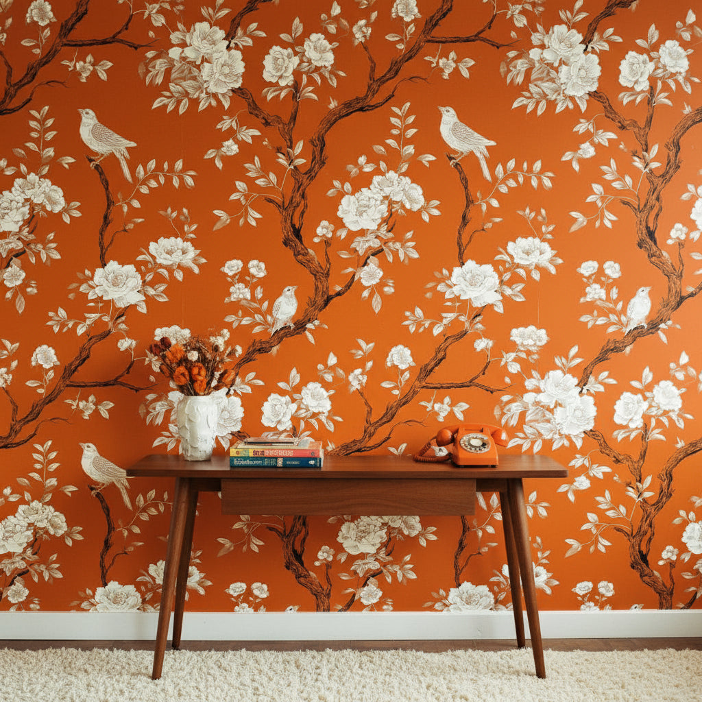 Vibrant Orange Floral Bird Pattern Wallpaper