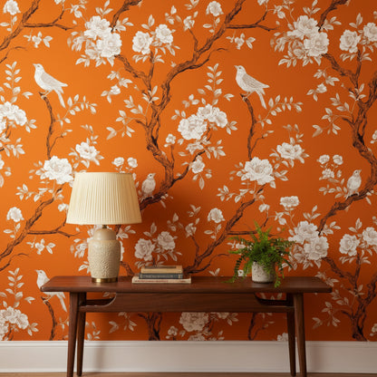 Vibrant Orange Floral Bird Pattern Wallpaper