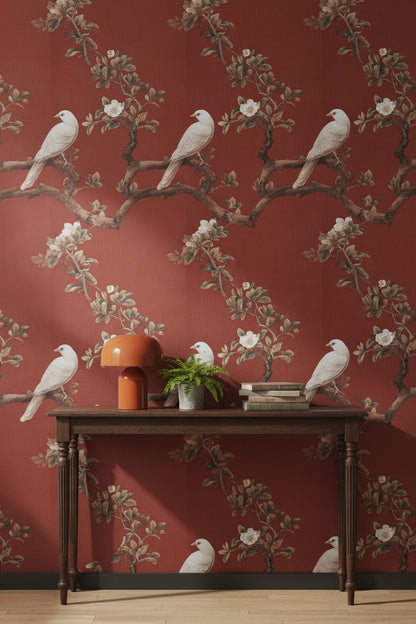 Rich Red Botanical Bird Branches Wallpaper