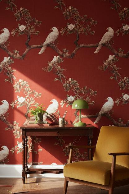 Rich Red Botanical Bird Branches Wallpaper