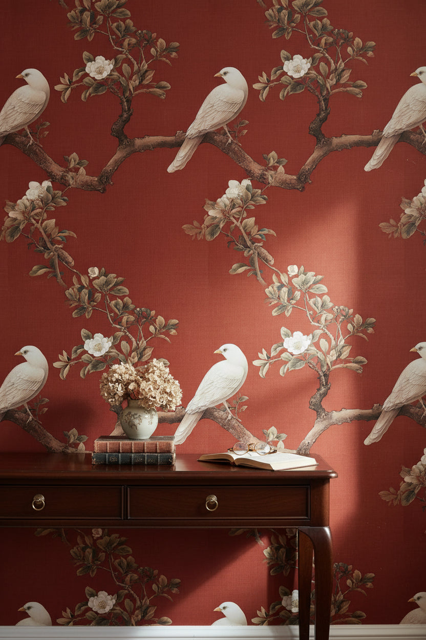 Rich Red Botanical Bird Branches Wallpaper