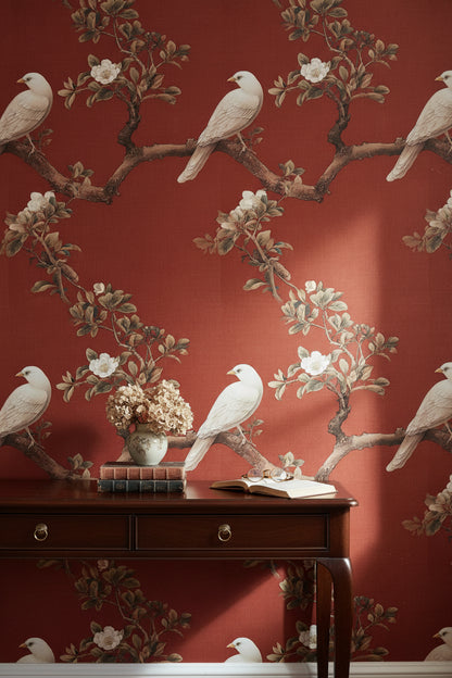 Rich Red Botanical Bird Branches Wallpaper
