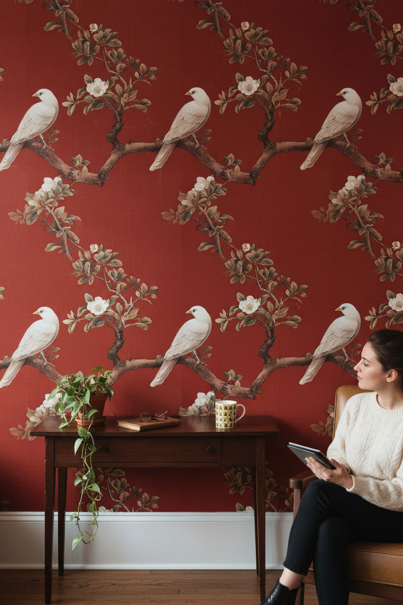 Rich Red Botanical Bird Branches Wallpaper