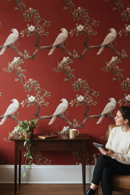 Rich Red Botanical Bird Branches Wallpaper