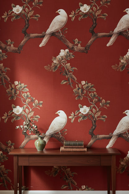 Rich Red Botanical Bird Branches Wallpaper