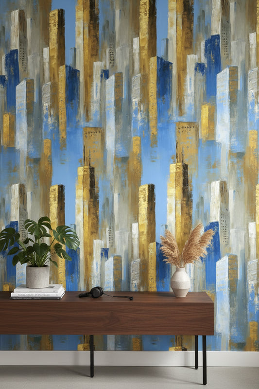Blue and Gold Abstract Cityscape Wallpaper