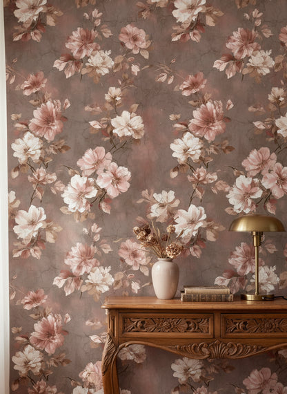 Mocha Brown Vintage Rose Floral Wallpaper