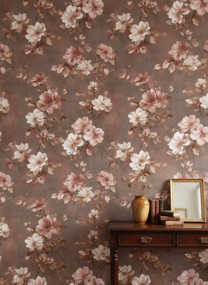 Mocha Brown Vintage Rose Floral Wallpaper