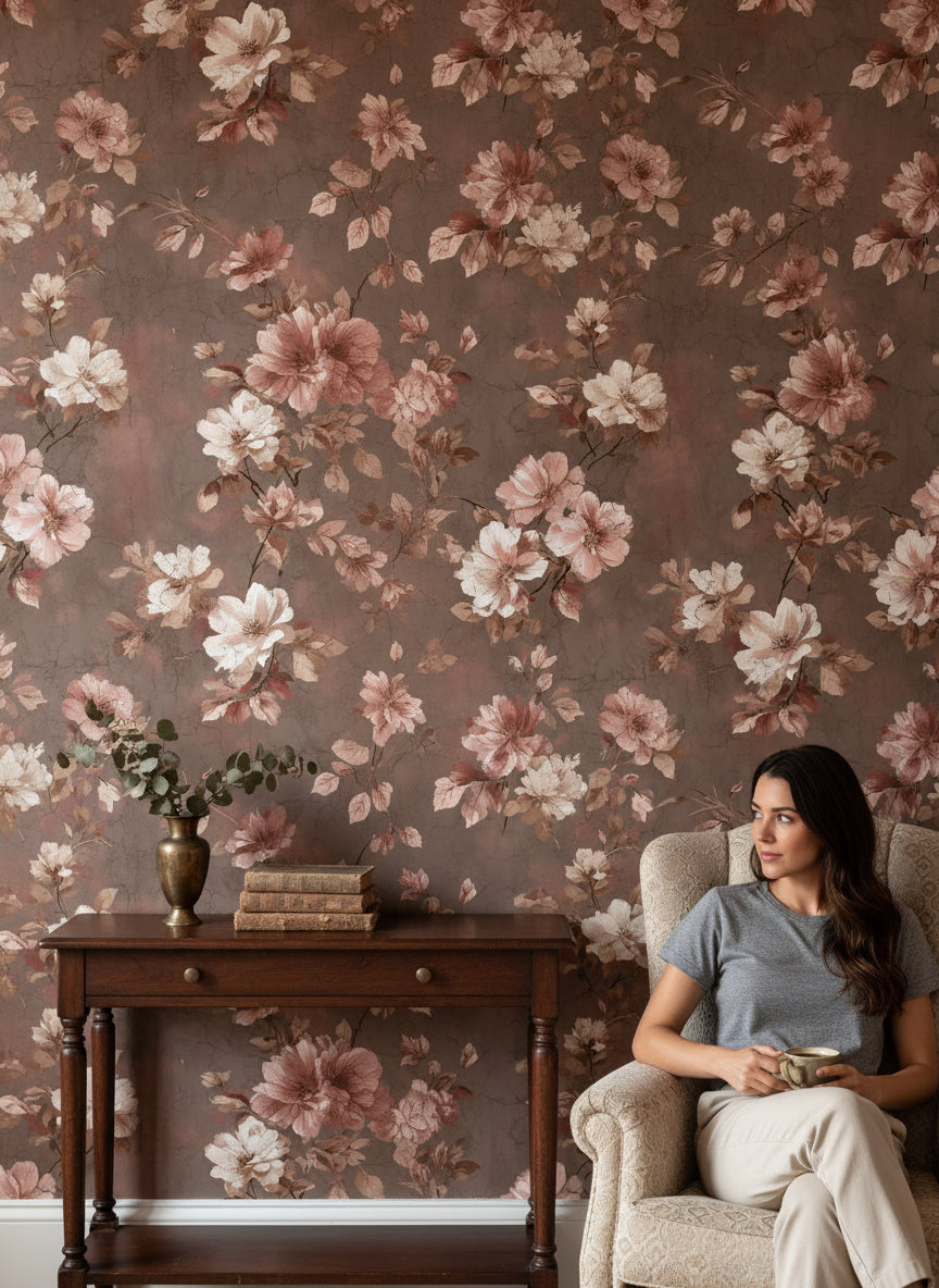 Mocha Brown Vintage Rose Floral Wallpaper