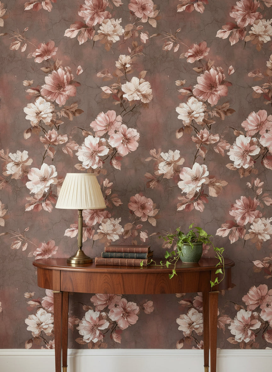 Mocha Brown Vintage Rose Floral Wallpaper