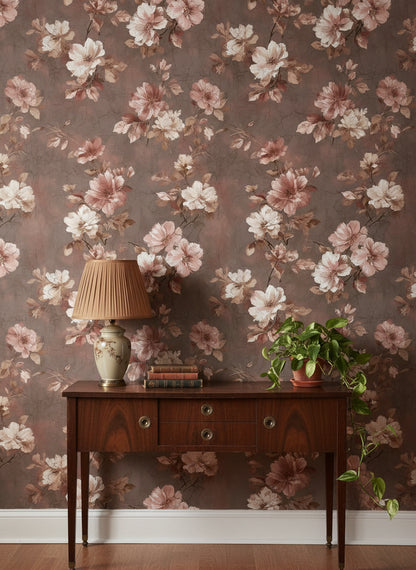 Mocha Brown Vintage Rose Floral Wallpaper