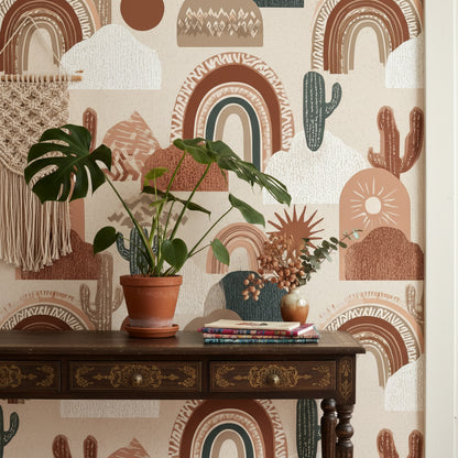 Terracotta Geometric Desert Cactus Wallpaper