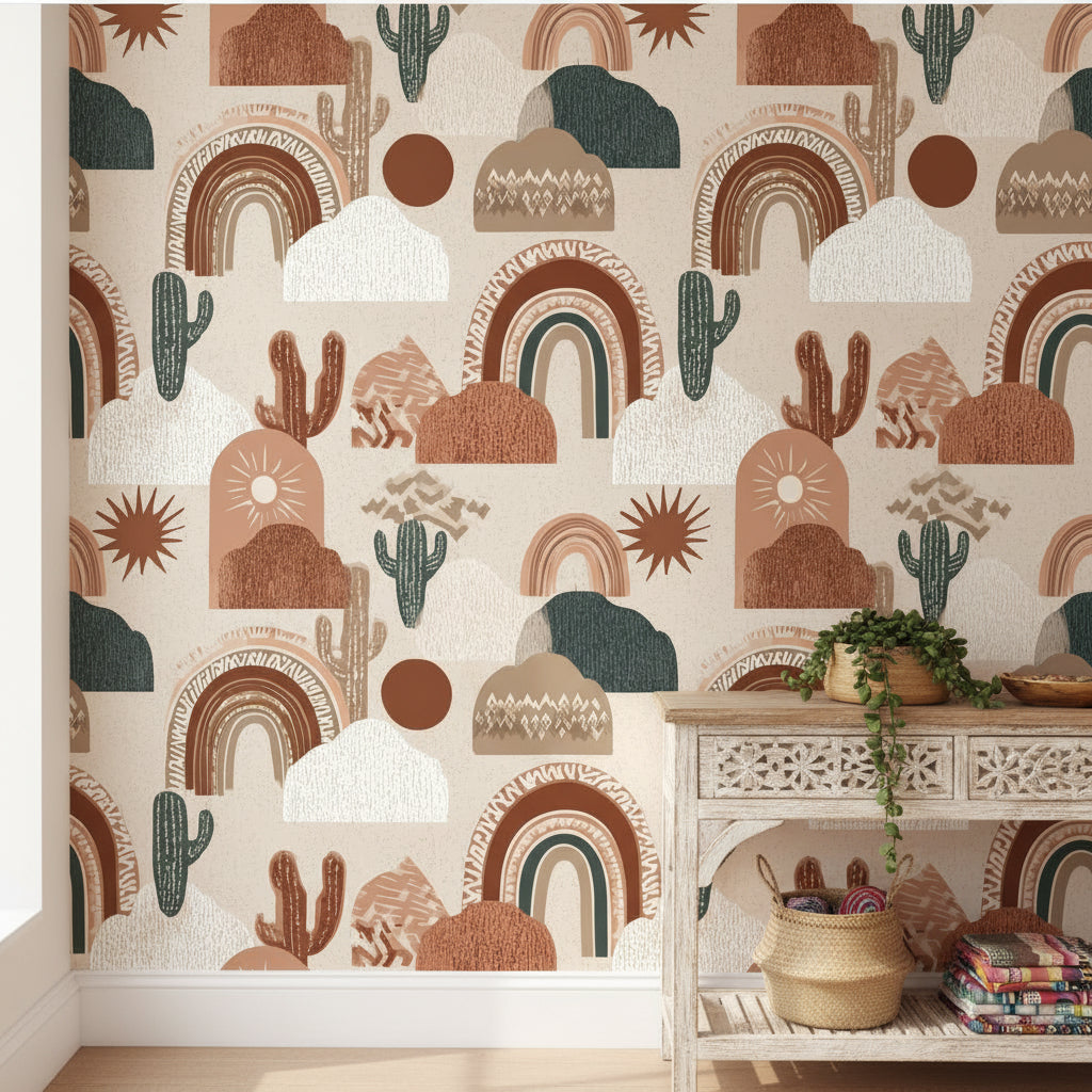 Terracotta Geometric Desert Cactus Wallpaper