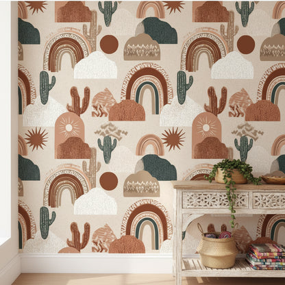 Terracotta Geometric Desert Cactus Wallpaper