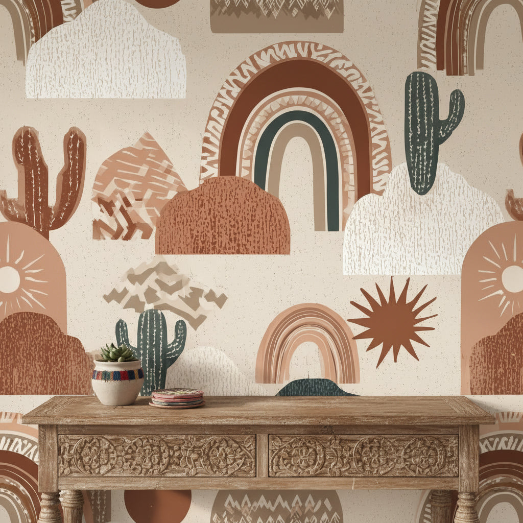 Terracotta Geometric Desert Cactus Wallpaper