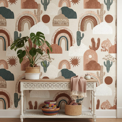 Terracotta Geometric Desert Cactus Wallpaper