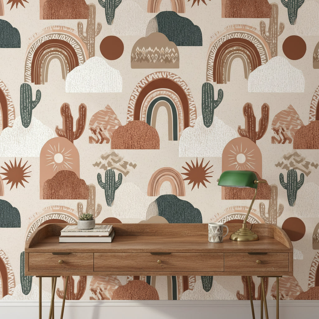 Terracotta Geometric Desert Cactus Wallpaper