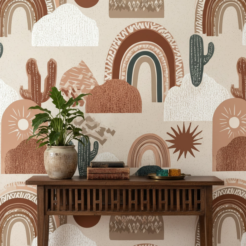 Terracotta Geometric Desert Cactus Wallpaper