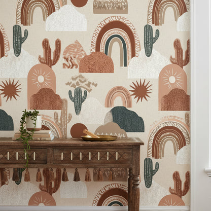 Terracotta Geometric Desert Cactus Wallpaper