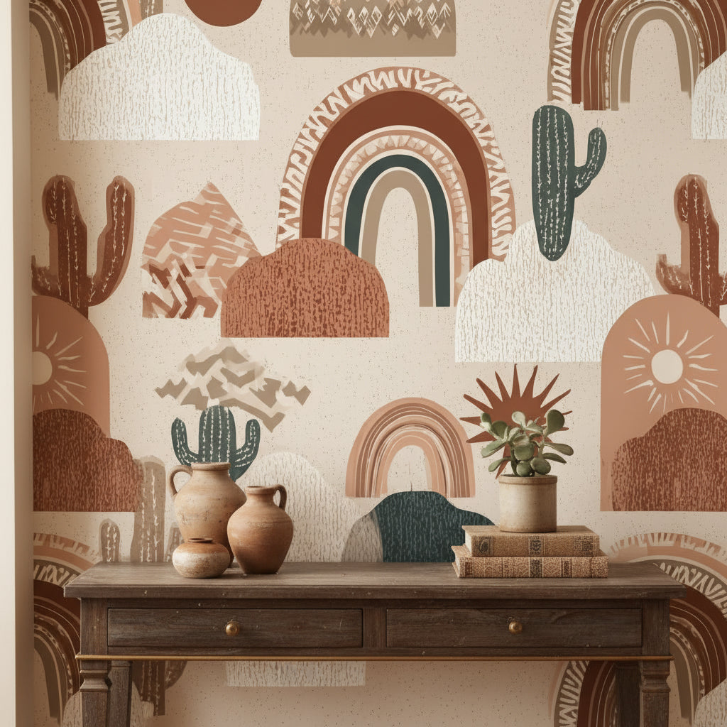 Terracotta Geometric Desert Cactus Wallpaper