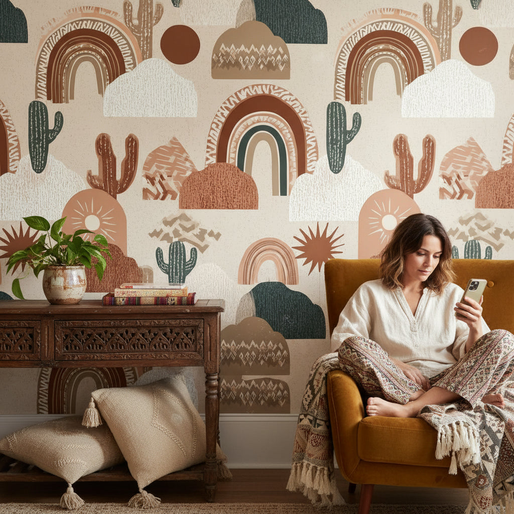 Terracotta Geometric Desert Cactus Wallpaper