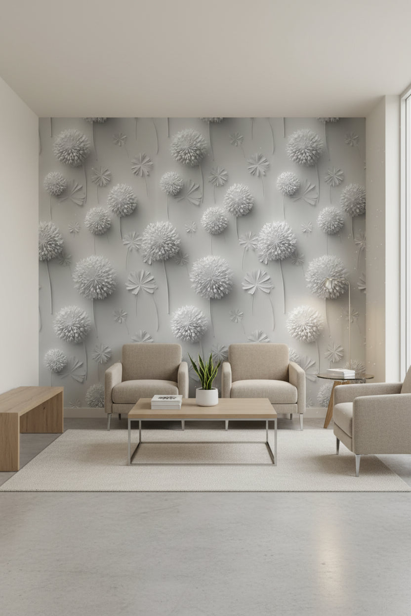 Soft Gray 3D Dandelion Floral Wallpaper