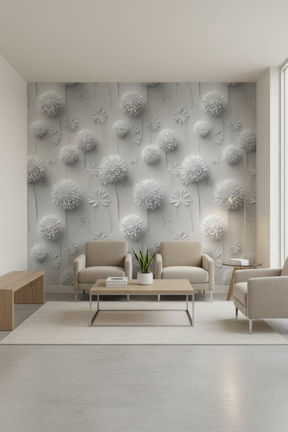 Soft Gray 3D Dandelion Floral Wallpaper