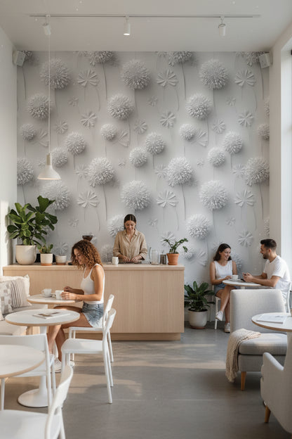 Soft Gray 3D Dandelion Floral Wallpaper