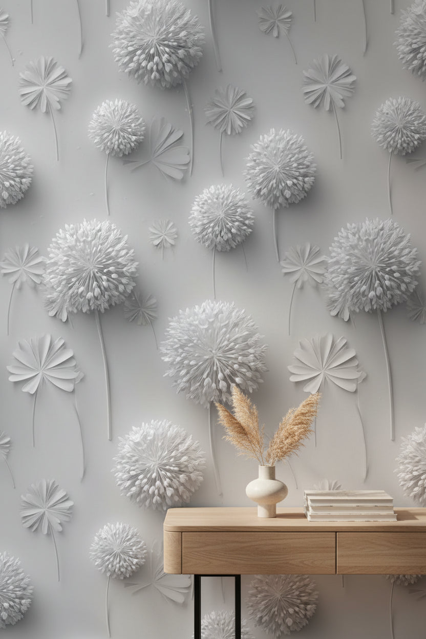 Soft Gray 3D Dandelion Floral Wallpaper