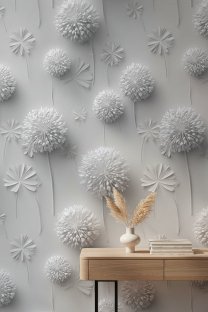 Soft Gray 3D Dandelion Floral Wallpaper