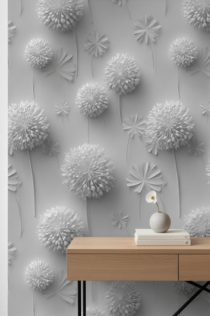 Soft Gray 3D Dandelion Floral Wallpaper