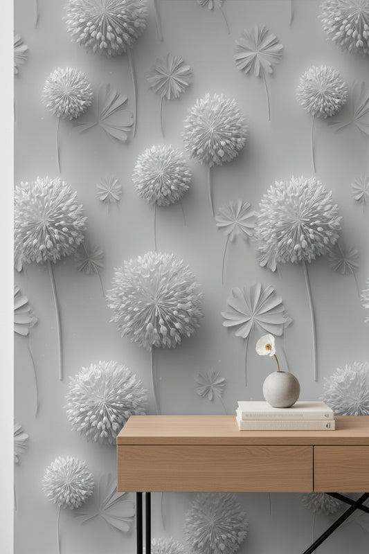 Soft Gray 3D Dandelion Floral Wallpaper