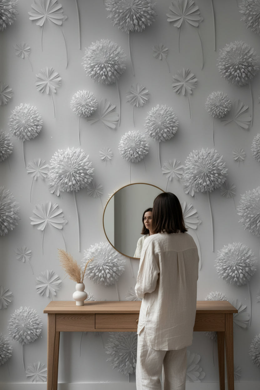 Soft Gray 3D Dandelion Floral Wallpaper