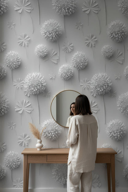 Soft Gray 3D Dandelion Floral Wallpaper