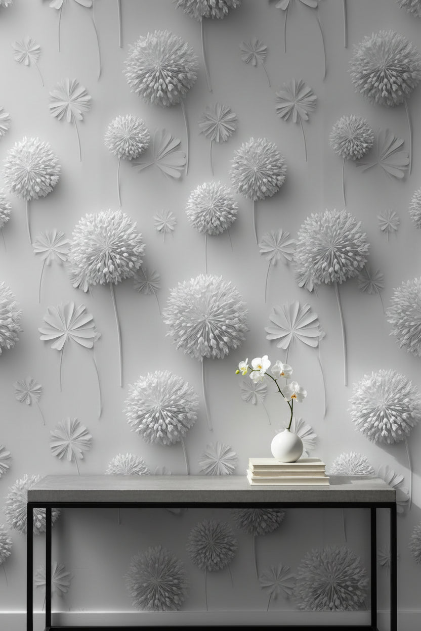 Soft Gray 3D Dandelion Floral Wallpaper