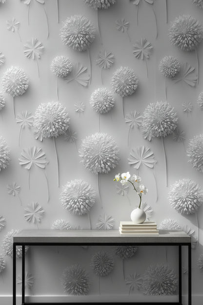 Soft Gray 3D Dandelion Floral Wallpaper