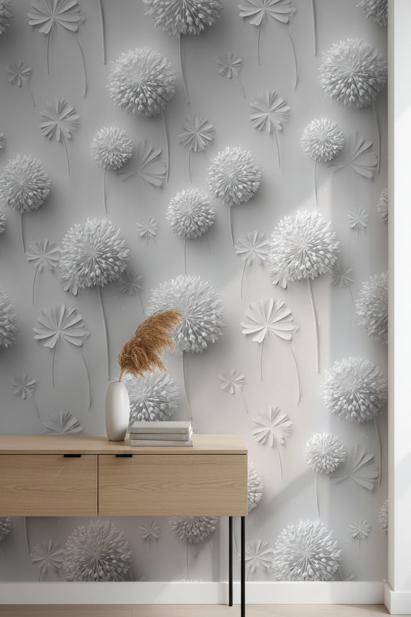 Soft Gray 3D Dandelion Floral Wallpaper
