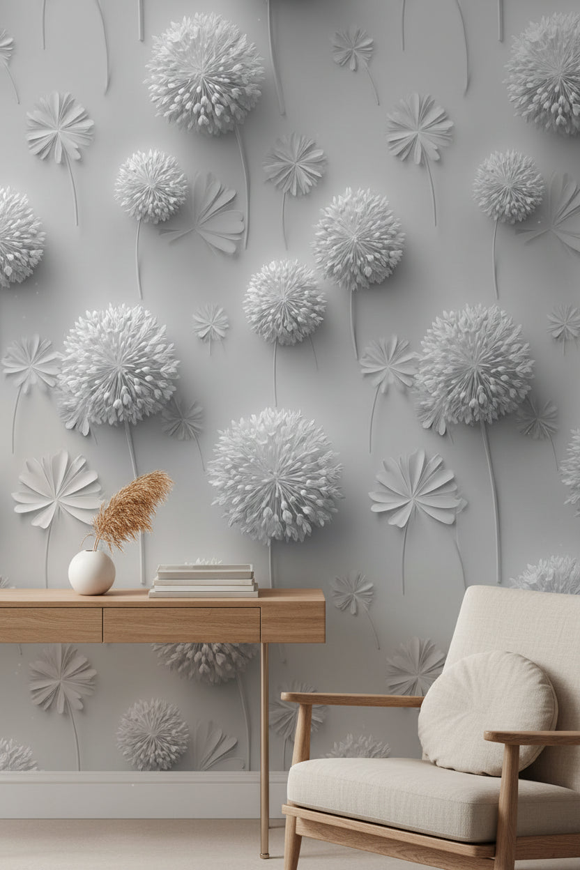 Soft Gray 3D Dandelion Floral Wallpaper
