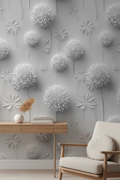Soft Gray 3D Dandelion Floral Wallpaper