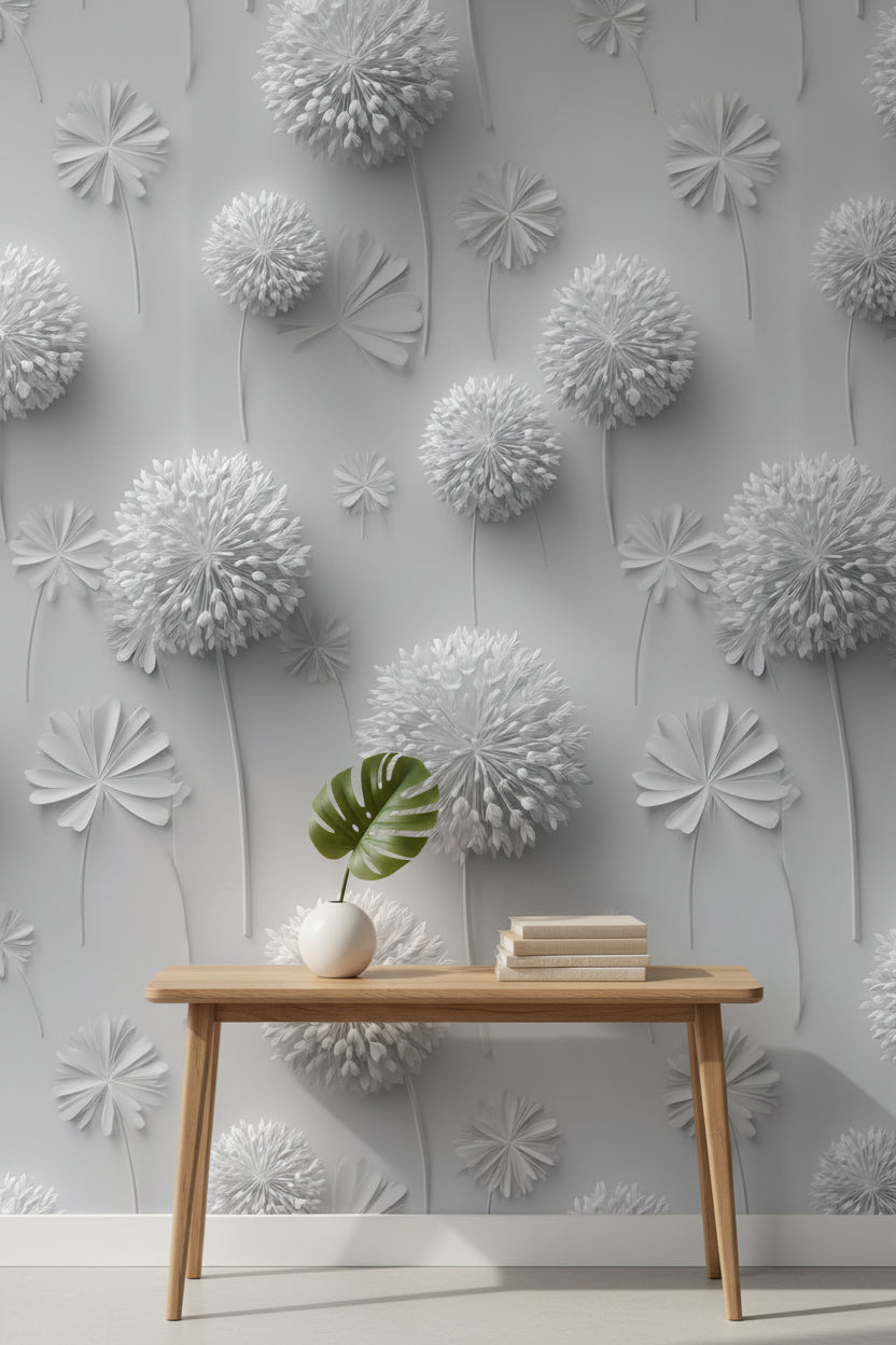 Soft Gray 3D Dandelion Floral Wallpaper