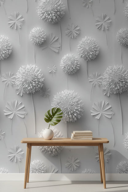 Soft Gray 3D Dandelion Floral Wallpaper